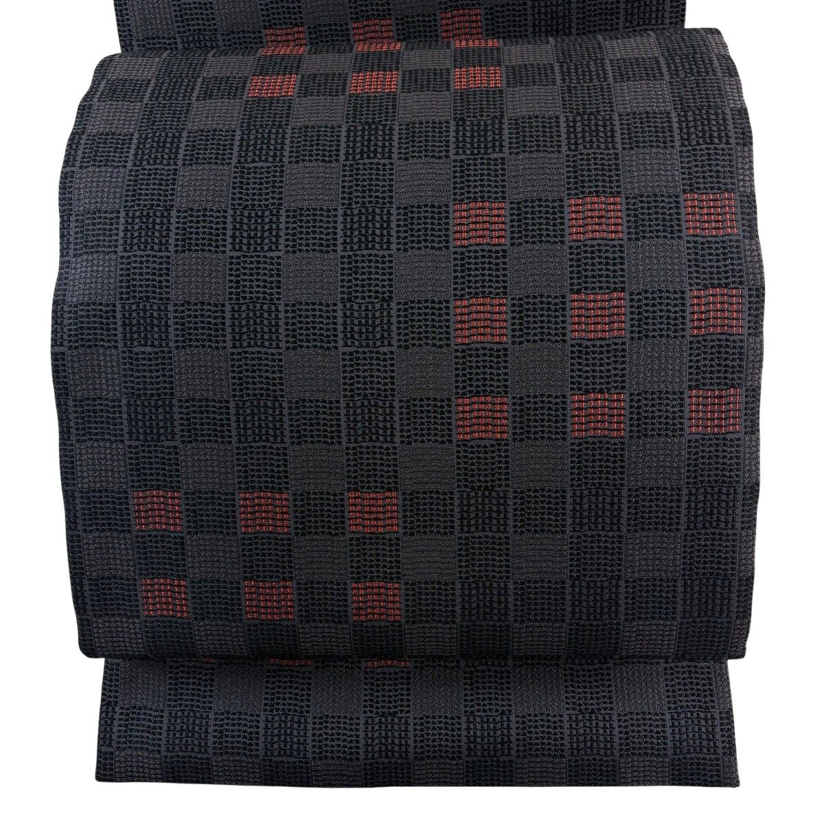【美品】 開き名古屋帯 秀品 市松模様 幾何学 黒灰 正絹 【中古】