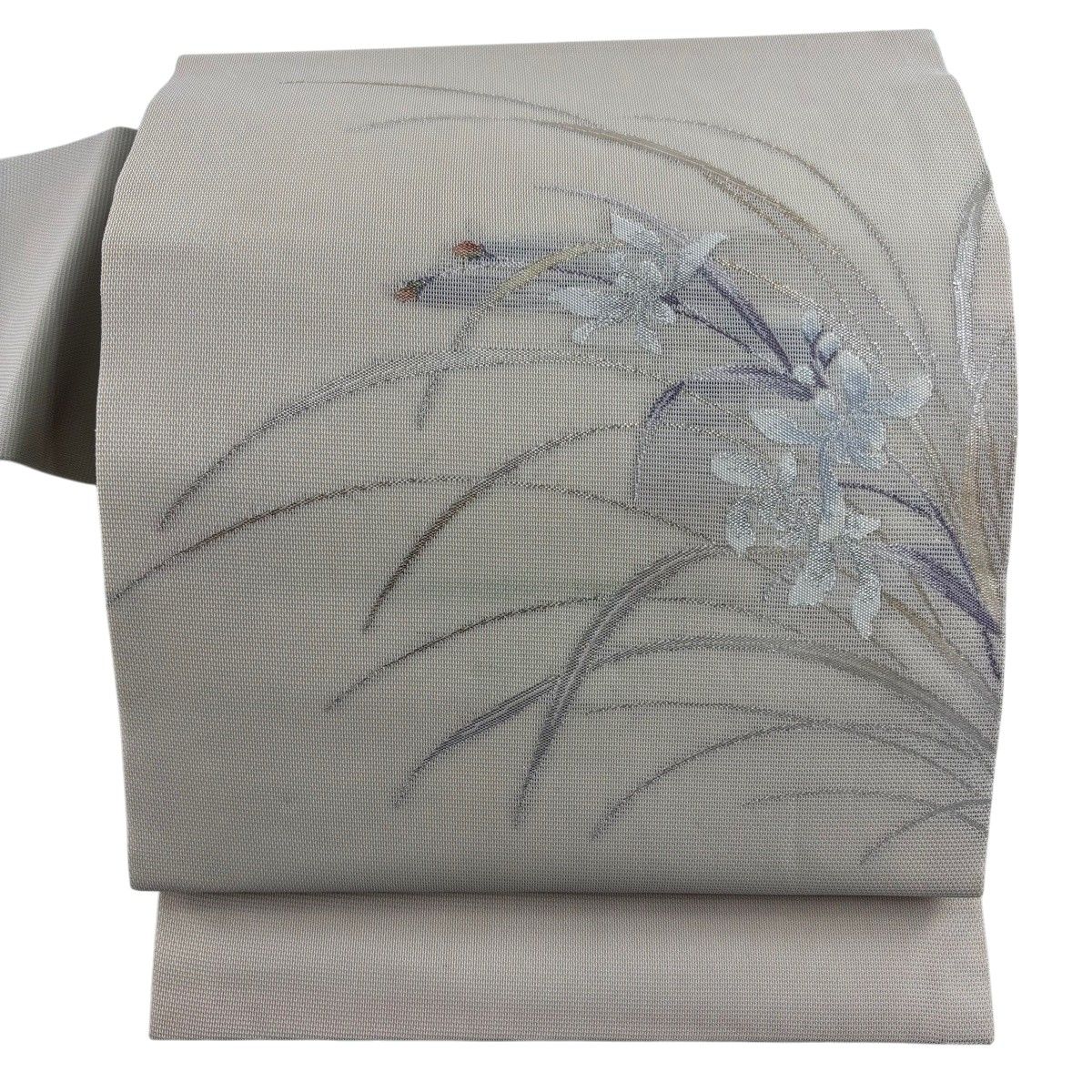 名古屋帯 秀品 夏帯 紗 草花 箔 金銀糸 灰茶 正絹 【中古】