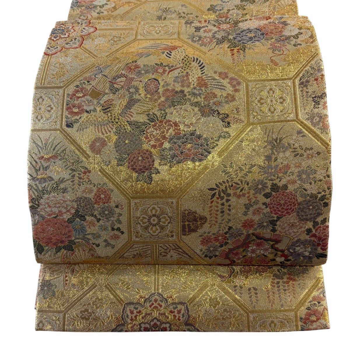 丸帯 逸品 落款 吉祥格天井絵文 金糸 箔 金色 六通 正絹 【中古】