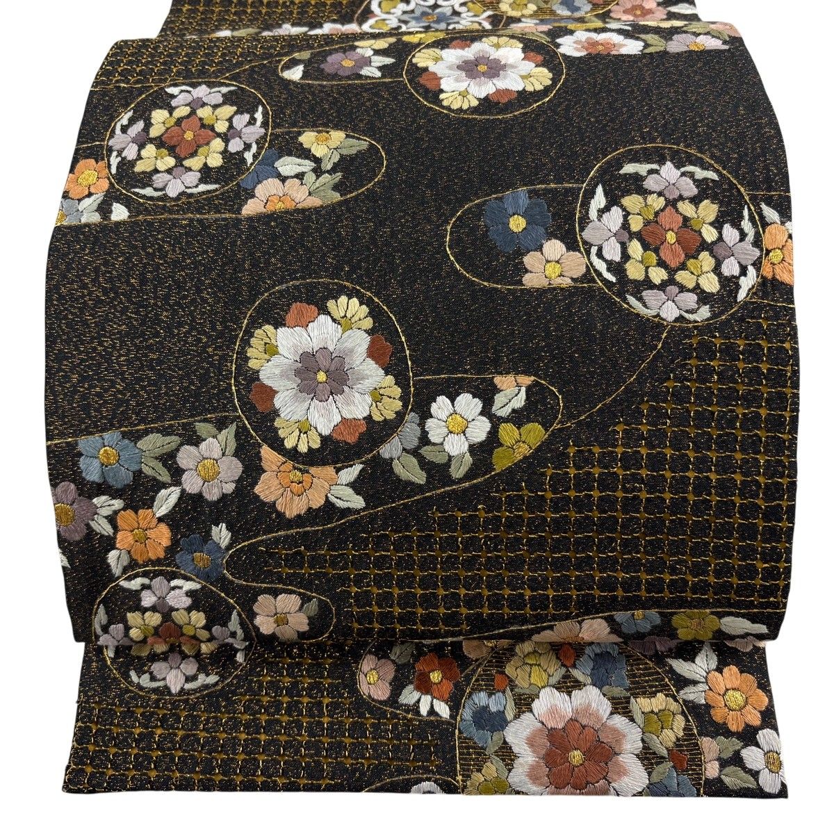 袋帯 逸品 華文 草花 金糸 刺繍 黒 六通 正絹 【中古】