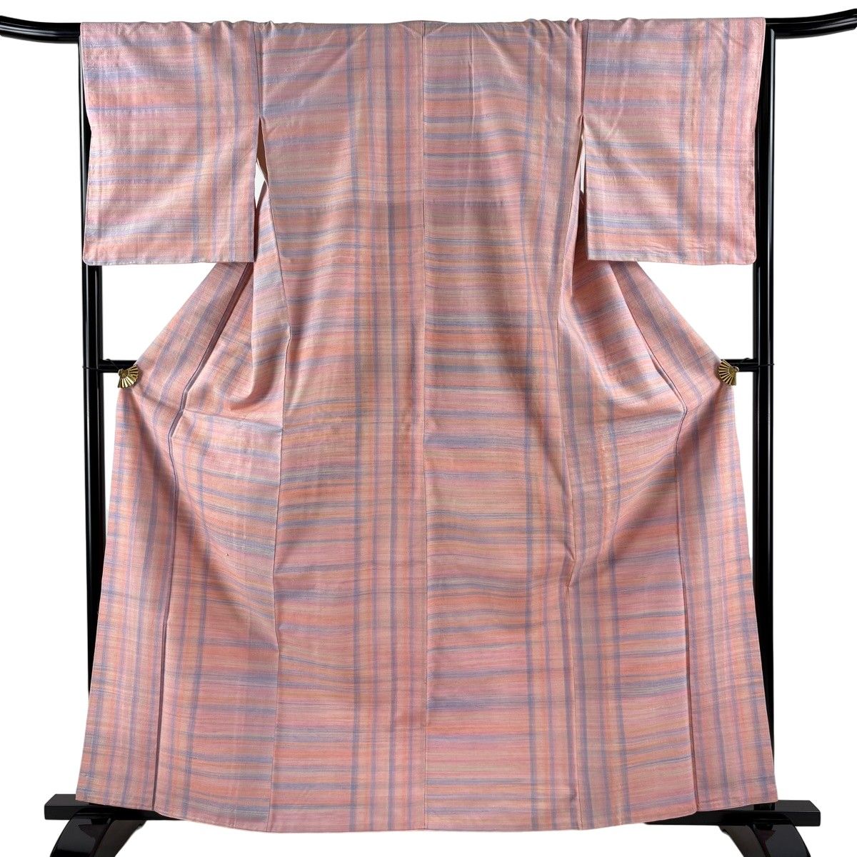 【美品】 紬 身丈162cm 裄丈65cm M 袷 諏訪好風 野乃花染 証紙 縞 ピンク 正絹 逸品 【中古】
