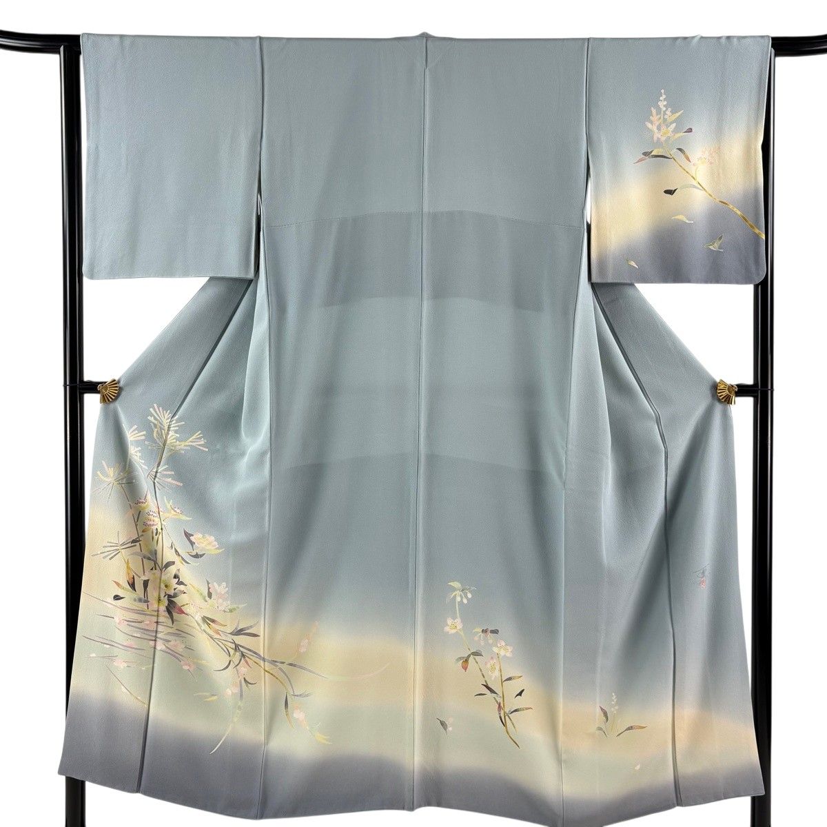訪問着 身丈150cm 裄丈65cm M 袷 百貫石峰 落款 草花 ぼかし 水色 正絹 逸品 【中古】