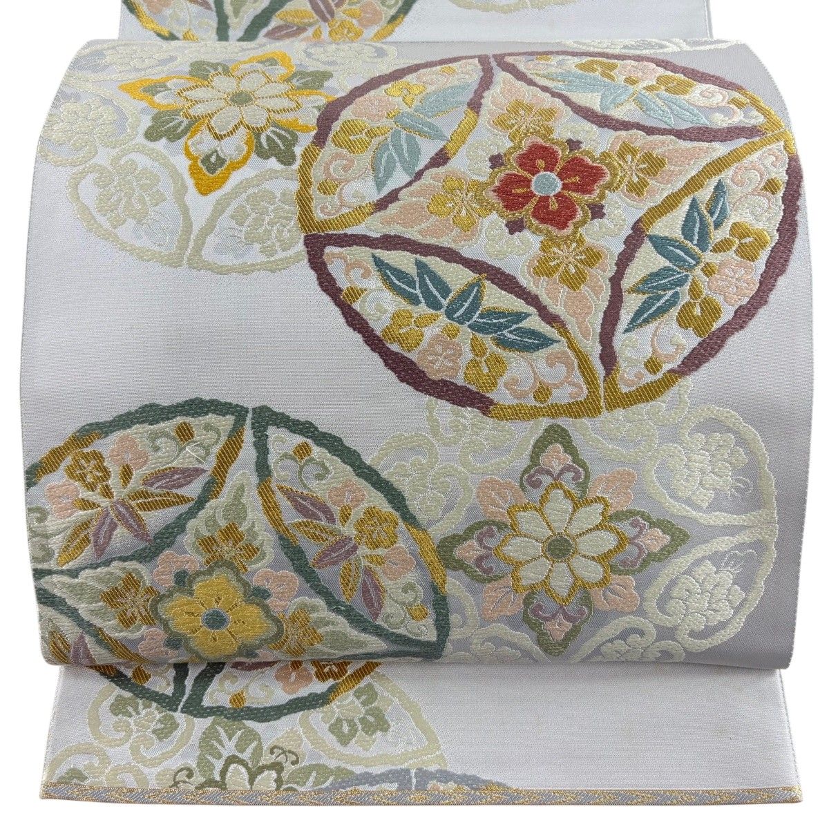 袋帯 名品 関西仕立て 七宝 草花 唐織 金糸 灰色 六通 正絹 【中古】
