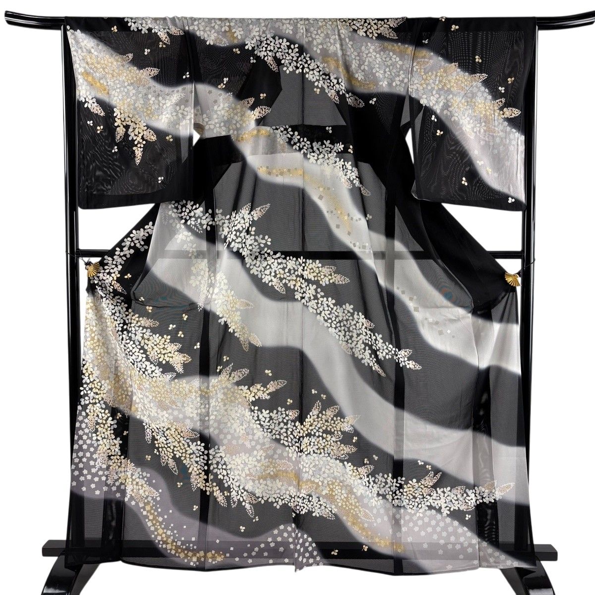 訪問着 身丈165cm 裄丈68.5cm L 薄物 絽 萩 霞 金糸 金彩 黒 正絹 名品 【中古】