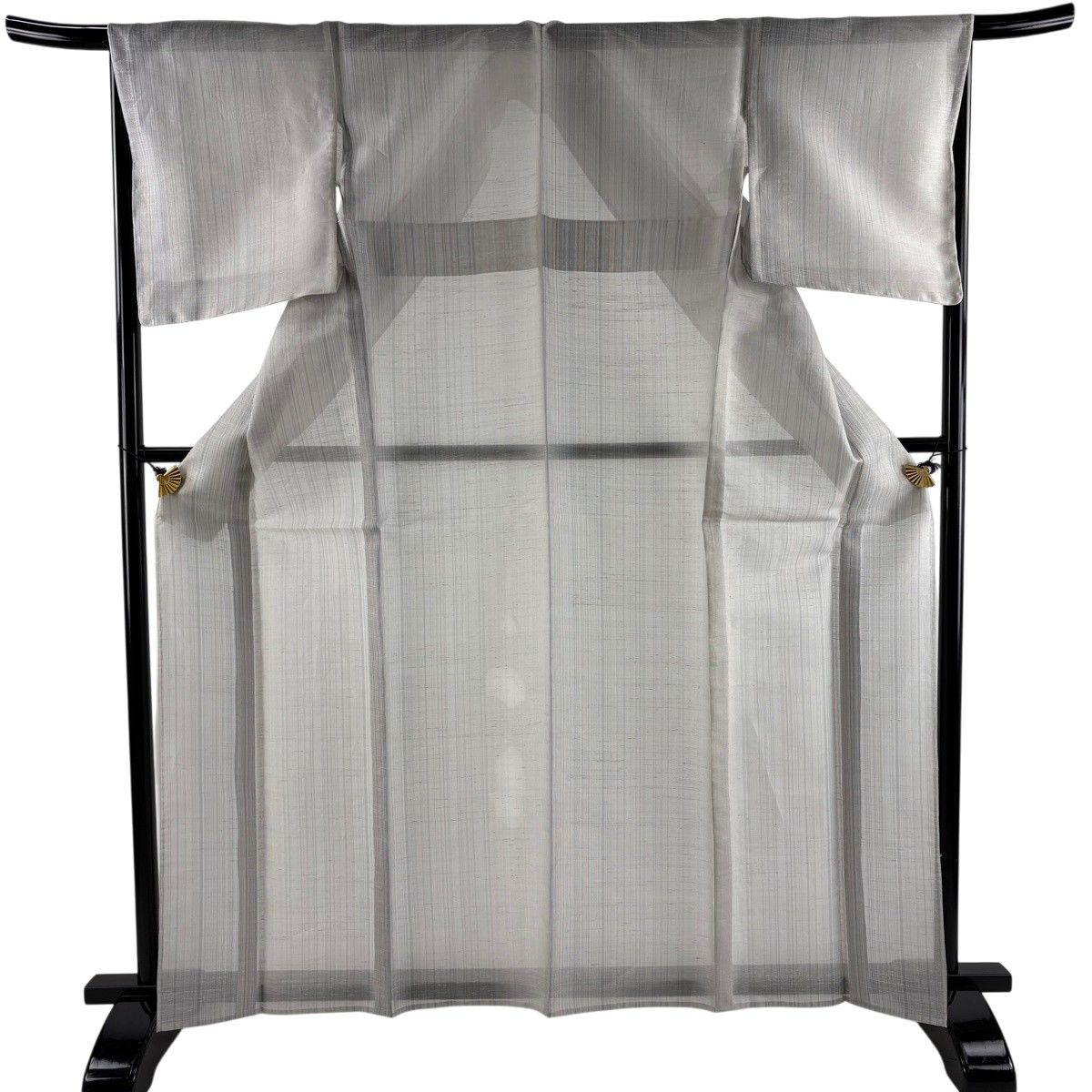 【美品】 紬 身丈164cm 裄丈67.5cm L 薄物 夏紬 縦縞 灰色 正絹 名品 【中古】