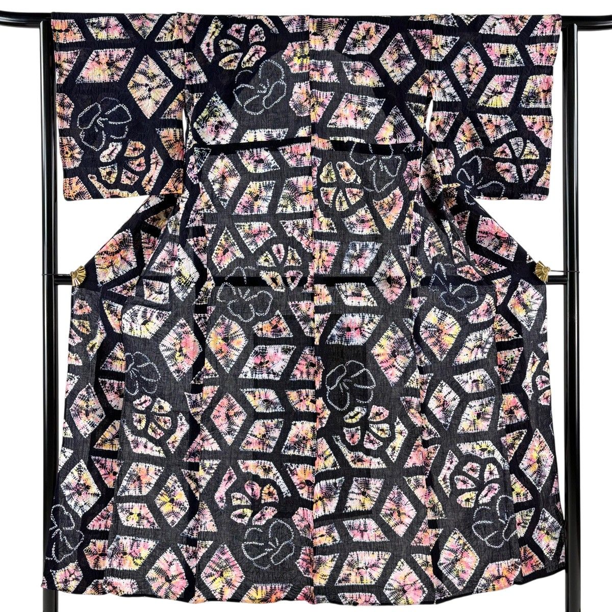 【美品】 浴衣 身丈152.5cm 裄丈62cm S 絞り浴衣 花 菱 濃紺 綿 名品 【中古】