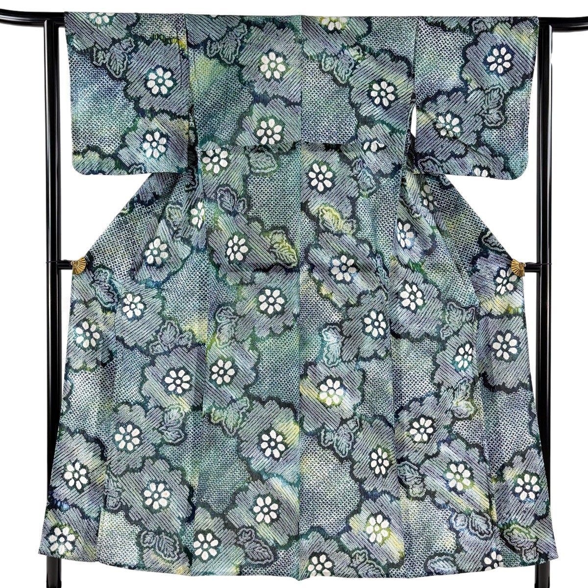 浴衣 身丈152cm 裄丈62cm S 絞り浴衣 菊 深緑 綿 名品 【中古】