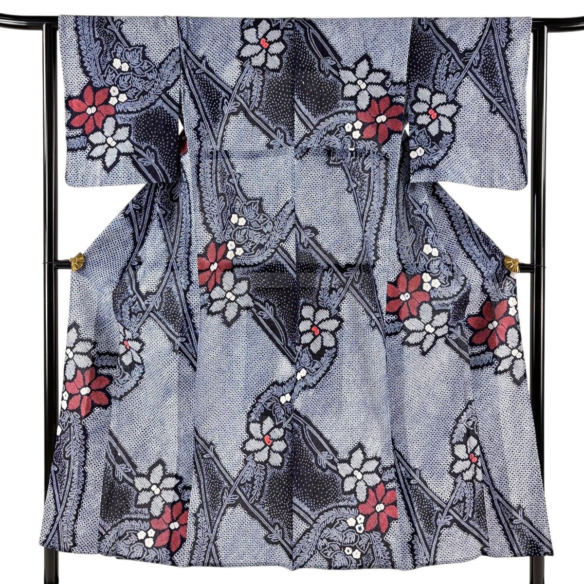 【美品】 浴衣 身丈151cm 裄丈62cm S 絞り浴衣 草花 紺色 綿 名品 【中古】