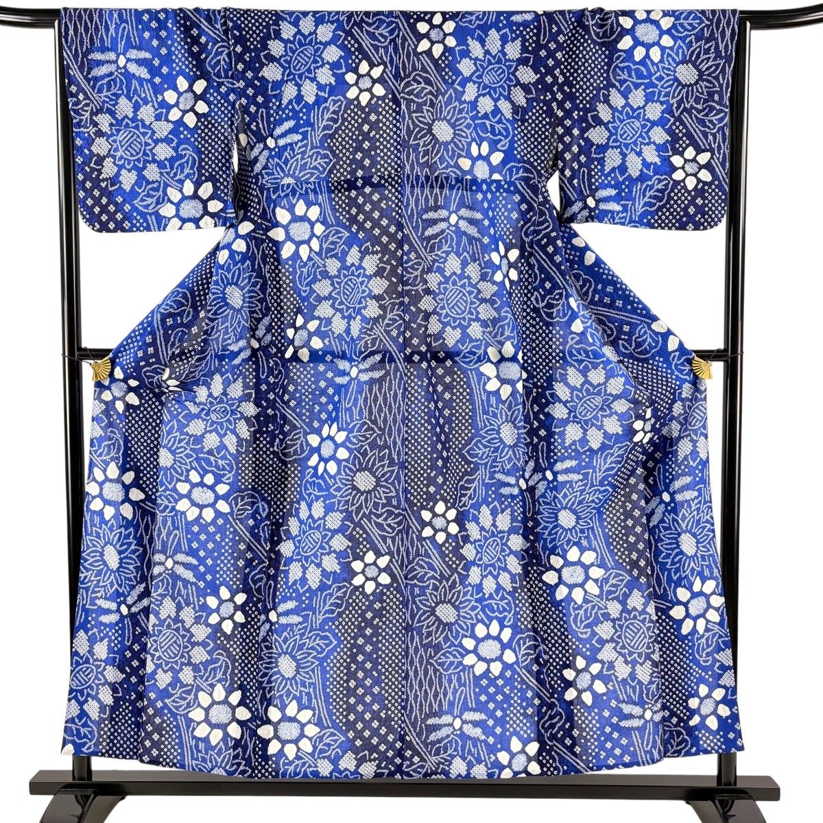 【美品】 浴衣 身丈156cm 裄丈66cm M 絞り浴衣 草花 青 綿 名品 【中古】