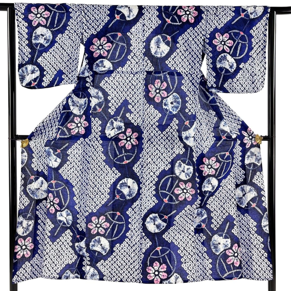【美品】 浴衣 身丈143cm 裄丈63.5cm S 絞り浴衣 団扇 花 青 綿 名品 【中古】