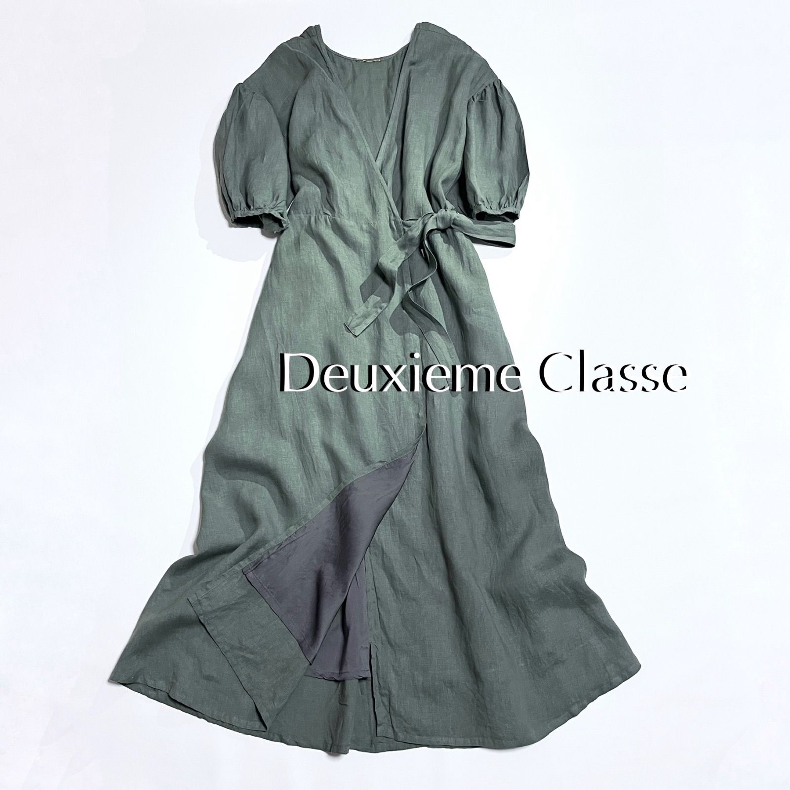 kS36 L'Appartement DEUXIEME CLASSE 2WAY リネンマダムドレス Linen Madam Dress ロングワンピース ドレス 麻 リネン カシュクール リボン カーキ アパルトモン ドゥーズィエムクラス 定価37,400円