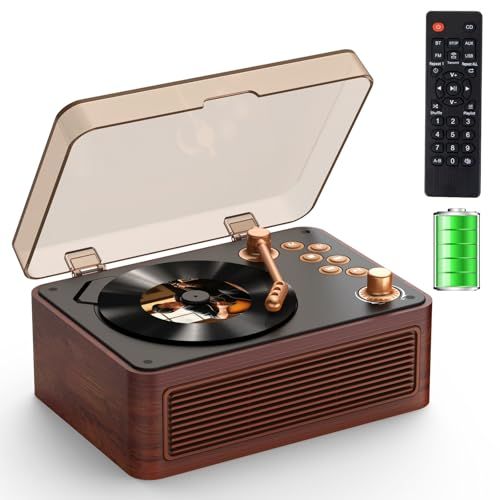 ポータブル CDプレーヤー Bluetooth受信/送信 cdラジカセ スピーカー内蔵 卓上＆壁掛け式 電池内蔵 USB充電式 1台多役 FM/USB/LINE-IN対応 A-Bリピート再生 音楽再生/語学学習/胎児教育/プレゼント 日本語説明書付き(茶色）t