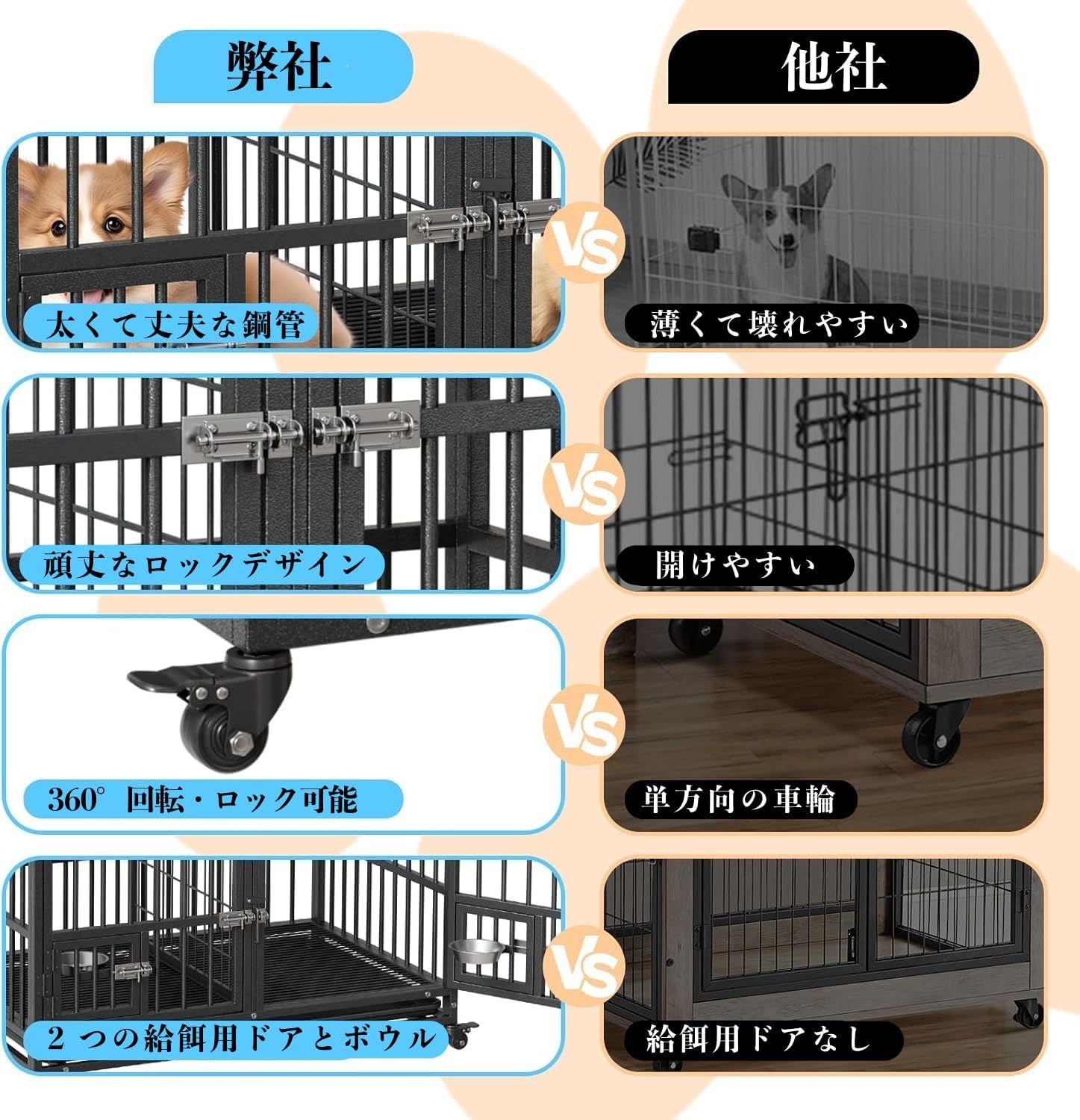 犬用ケージ 1台 107×73×82cm フラットトップ ダブルドア 金属製 仕切り