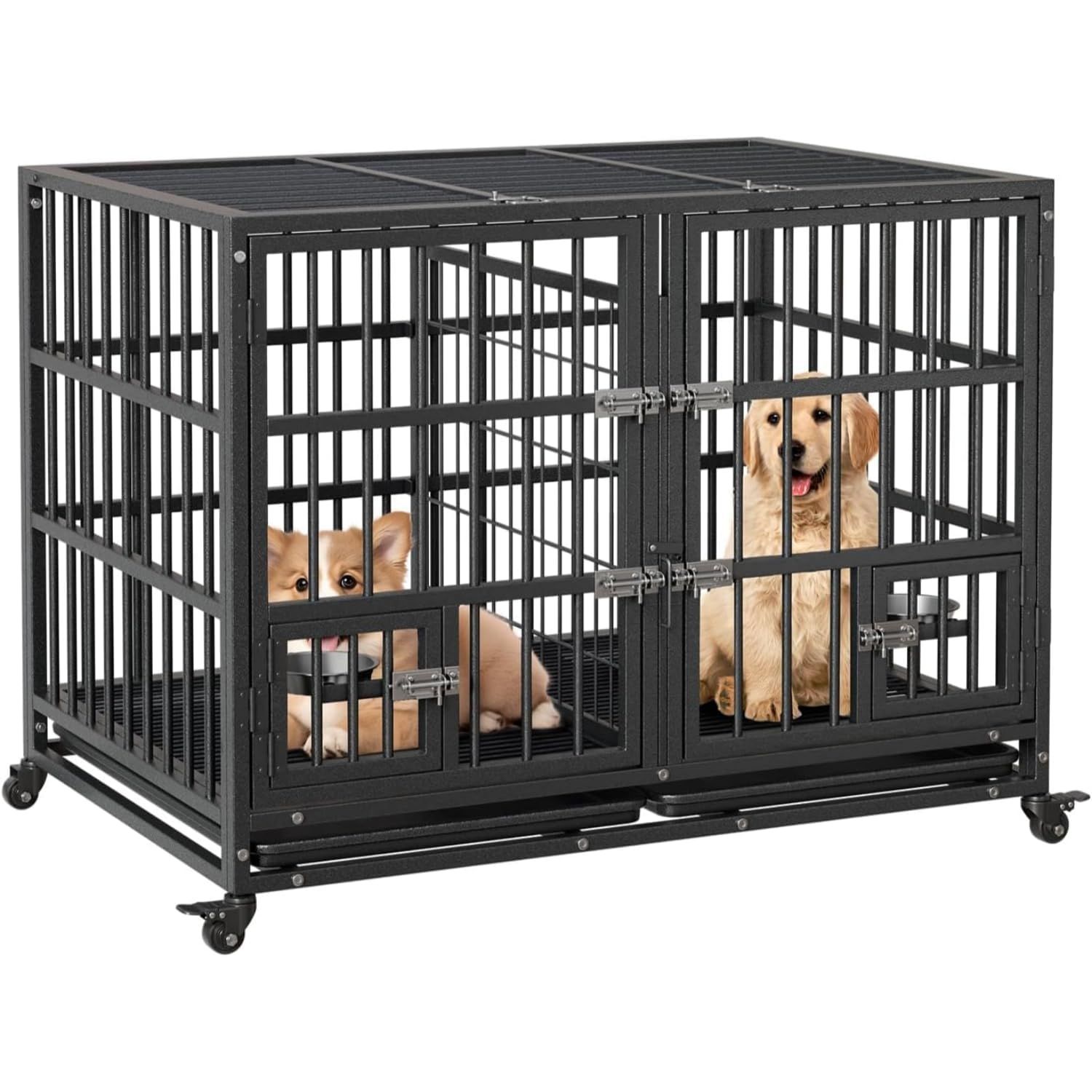 犬用ケージ 1台 107×73×82cm フラットトップ ダブルドア 金属製 仕切り