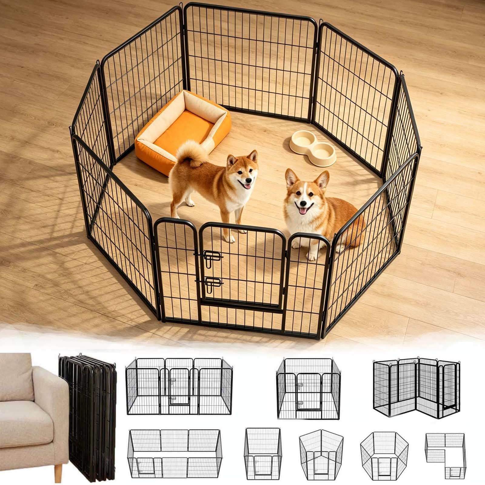 GROZY ペットサークル ペットフェンス ドア付き 犬猫うさぎ兼用 室内屋外 脱走防止 屋内運動エリア 拡張 折り畳み式 8パネル 高さ 80cm 自由自在にいろいろな形に組立可能 組立簡単