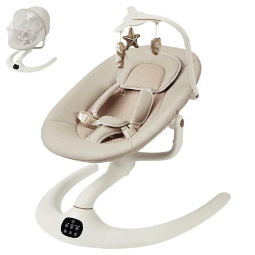 ★新品★GarveeLife 電動ベビーバウンサー ベビースウィング スマートフォンとリモコン対応 蚊帳付き ベージュ | 12種音楽内蔵 5段階揺れ調節 角度調節可能 0ヶ月? ベルト付き 出産祝い