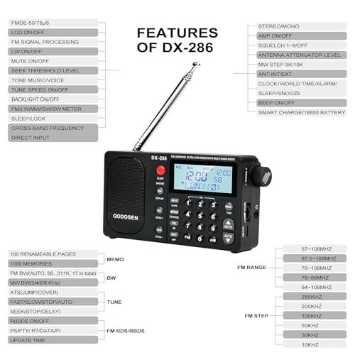 DX-286ラジオ小型,超高性能FM/LW/AM/短波 ステレオ家用?外携帯高感度ラジオ, ポケットに入る/ TEF6686 ??芯/付き目覚まし時計t