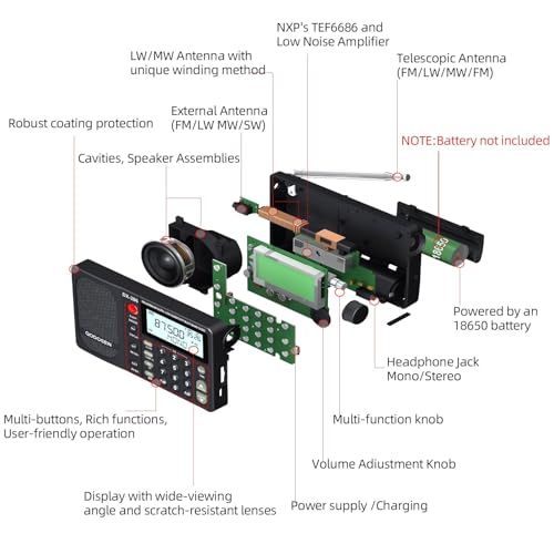 DX-286ラジオ小型,超高性能FM/LW/AM/短波 ステレオ家用?外携帯高感度ラジオ, ポケットに入る/ TEF6686 ??芯/付き目覚まし時計t