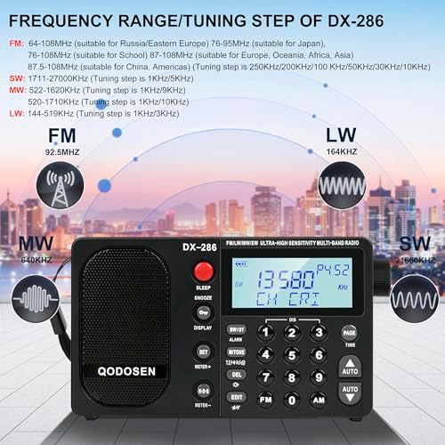 DX-286ラジオ小型,超高性能FM/LW/AM/短波 ステレオ家用?外携帯高感度ラジオ, ポケットに入る/ TEF6686 ??芯/付き目覚まし時計t