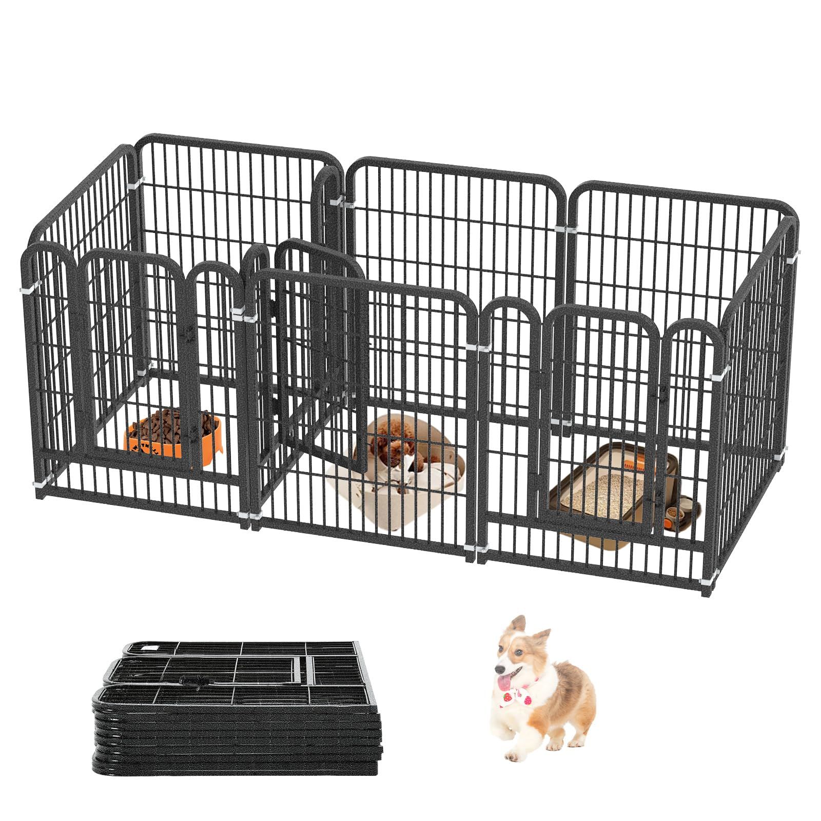 HEEOREV ペットサークル 犬 ゲージ ペットフェンス 犬 サークルケージドア付き [3つのドア（9枚組）182×60×70cm-シルバーブラック]栅 レイアウト自由 トイレトレーニング