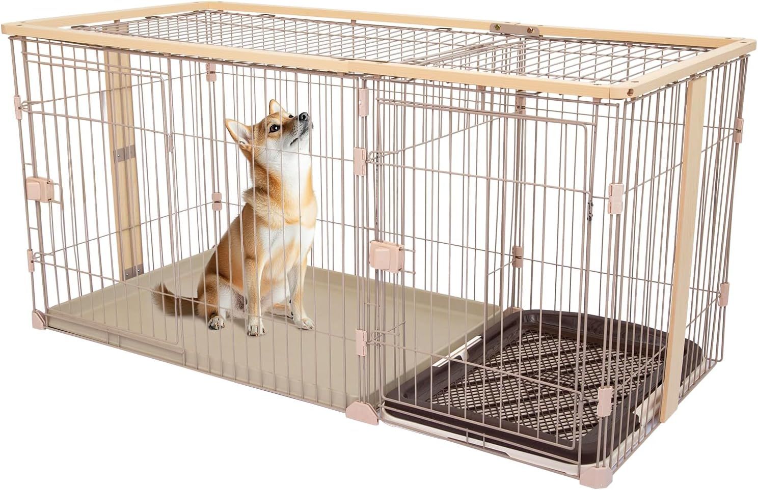 Shinyever ウッディサークル 犬ケージ 木製 中型犬 カーキ 屋根付き
