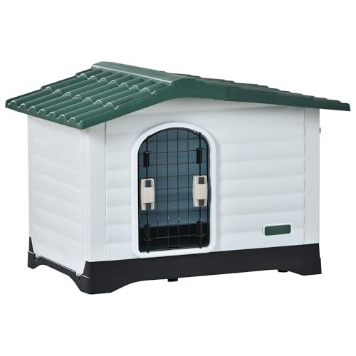 BTM 犬小屋 屋外用 犬舎 室外 中型犬用 大型犬用 ドア付き プラスチック製 ペットハウス オールシーズン 通気 日焼け対策 雨除け 水洗い 裏庭 室内 さびない 頑丈 グリー【Lサイズ ブルー】