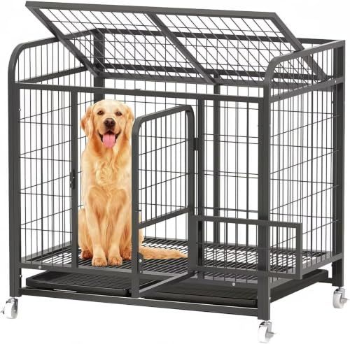 犬のケージ ペットケージ 屋根付き 110x72x102cm 犬 サークル 錆防止 ペットサークル キャスターと引き出し式トレイ付き 掃除簡単【ブラック】