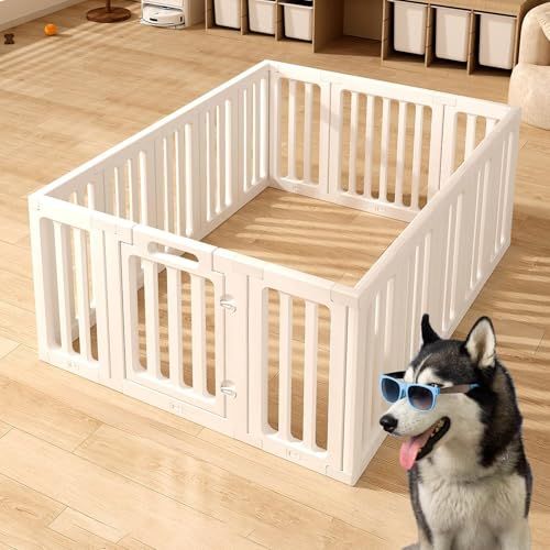 ホワイト ペットサークル 犬用 室内 柵 ドア付き おしゃれ 小型犬中型犬用 プラスチック製 【自由調整サイズ】【吸盤式&二重ロック】【組立簡単 工具不要】【丈夫 HDPE樹脂 傷つきにくい【16枚】