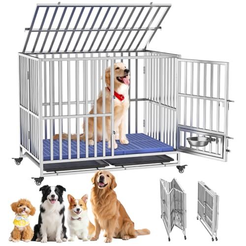 Xverycan 大型犬 ケージ ステンレス鋼製 折りたたみ式 耐荷重250kg ダブルドア/トレー/マット/給餌器付き 脱走防止 キャスター付き 組立簡単 頑【折りたたみ式-110x72x92cm】
