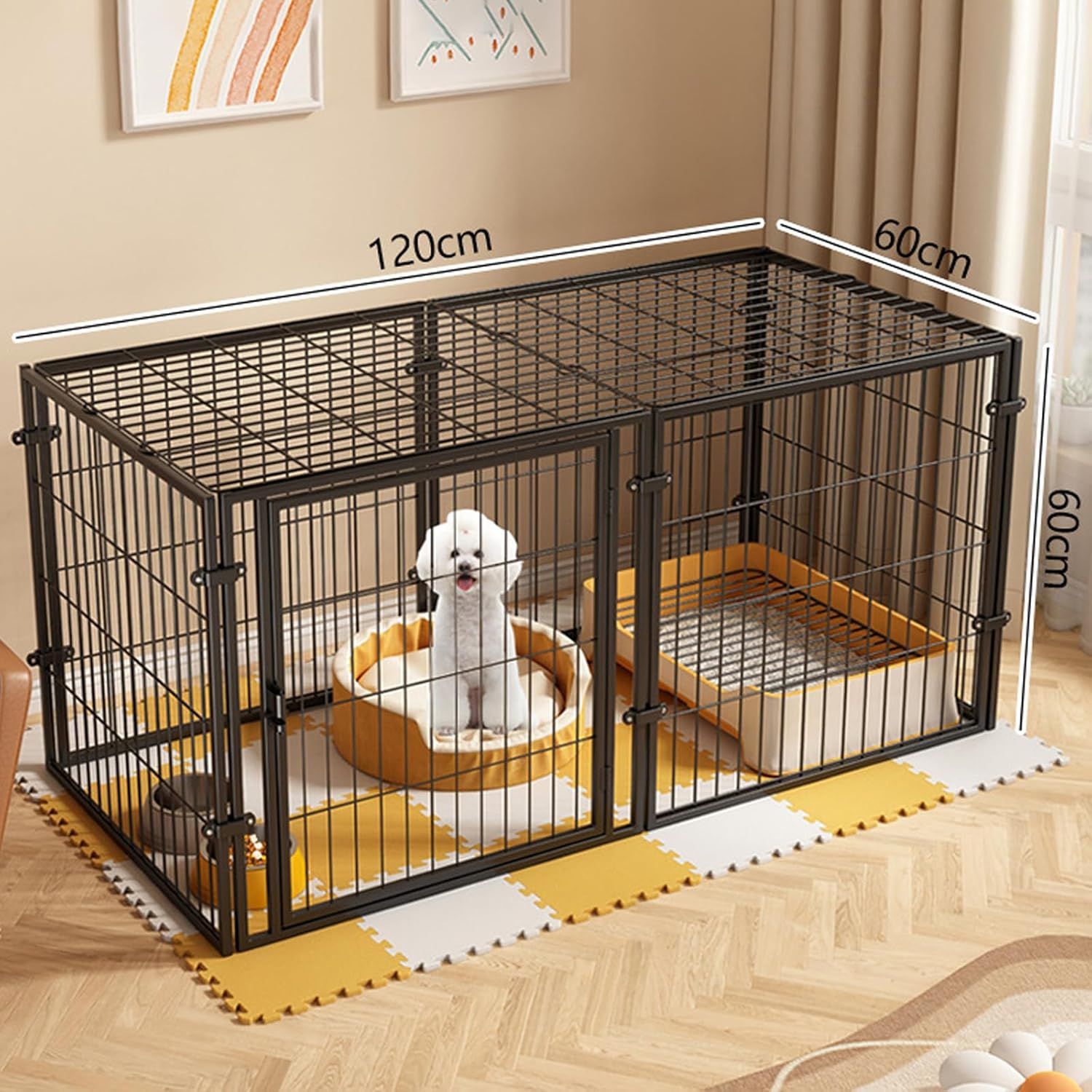 ペットフェンス 中型犬 小型犬用 折りたたみ可能 ドア付き 60×60×120cm ブラック 金属製 6パネル 連結可能 室内外兼用 組立簡単 犬ゲージ ドッグサークル【60cm】
