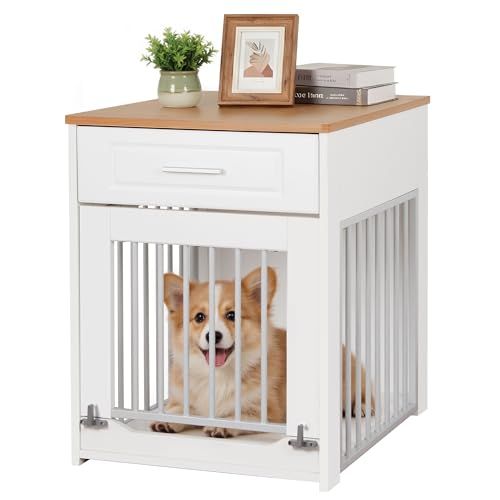 DAWNYIELD 犬用ペットケージ 上開きドア付き家具調デザイン 木製インテリアサイドテーブル/引き出し収納/360°回転ボウル＆ロック機能付き (ホワイト,中型)