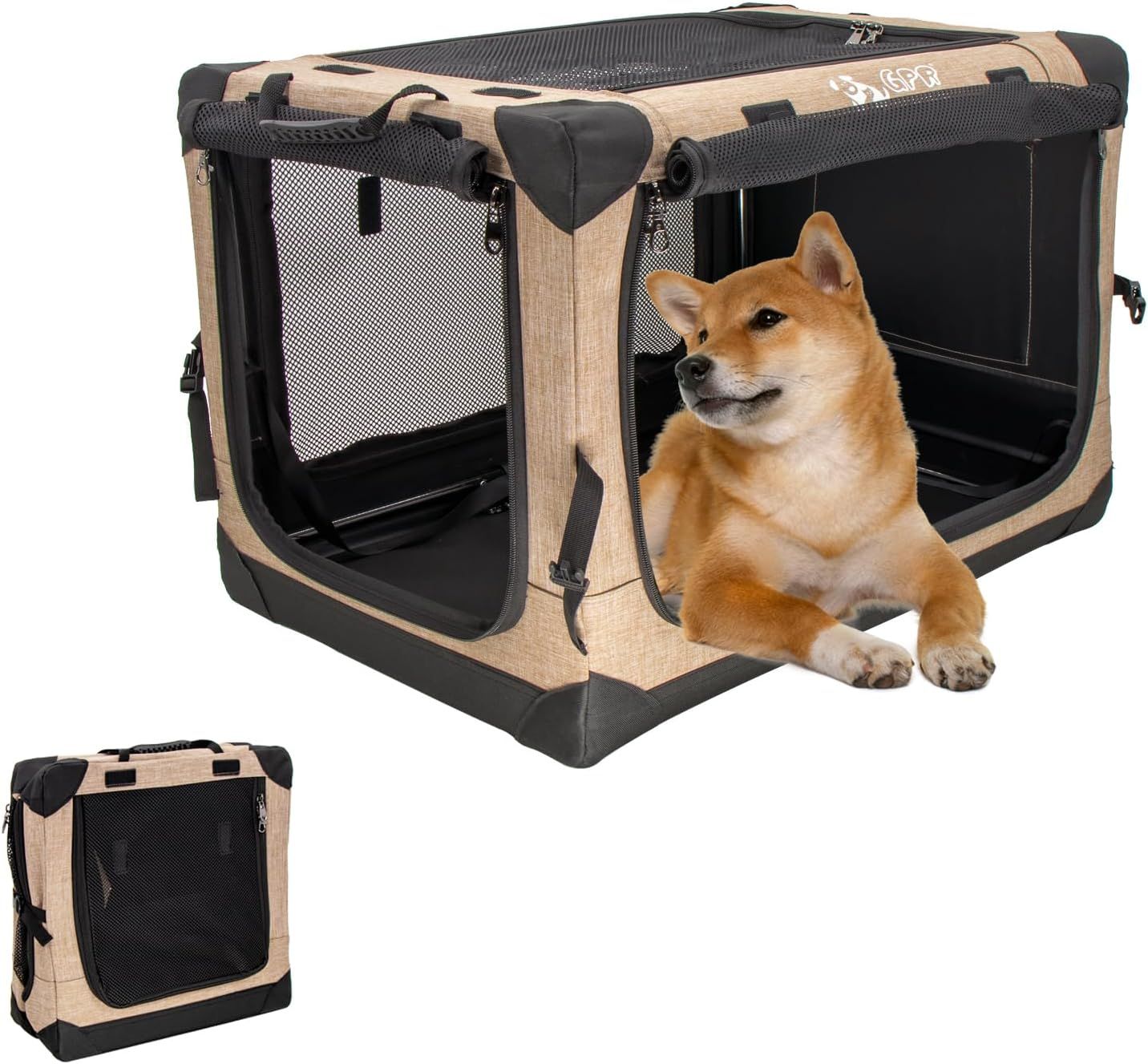 GPR ペット用ソフトクレート ペットキャリー ペットハウス 猫犬兼用 折りたたみ式 洗濯可能 取り外し可能 (カーキ, L)