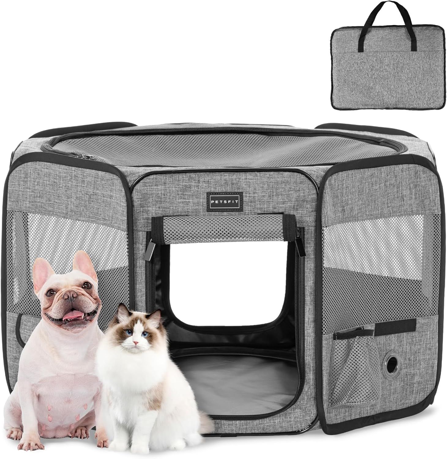 petsfit ペットサークル 折りたたみ 軽量 八角形 収納バッグ付き メッシュトップ 飛び出し防止設計 しっかり 室内 屋外 キャンプ 旅行 猫 犬 洗える 多用途【S グレー】 7,665円