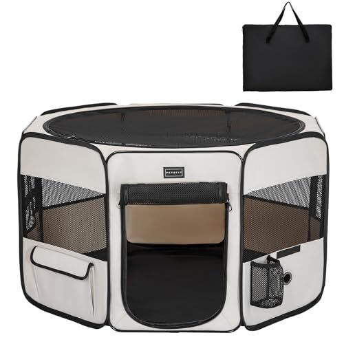 petsfit ペットサークル 折りたたみ 軽量 八角形 収納バッグ付き メッシュトップ 飛び出し防止設計 しっかり 室内 屋外 キャンプ 旅行 猫 犬 洗える 多用途【M オフホワイト】