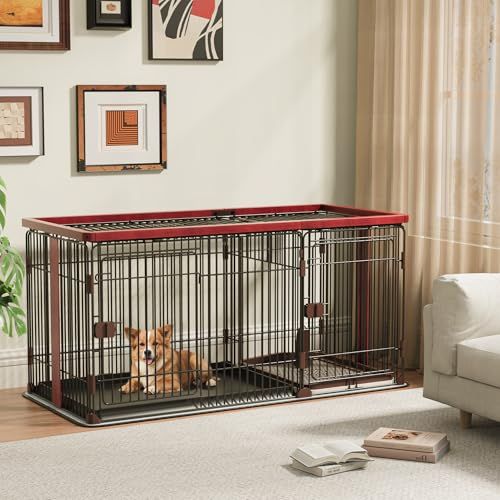Petnniko 犬 ケージ 犬 ゲージ 犬ゲージ 幅146×奥行68×高さ70cm 小中大型犬用 ペットケージ 犬サークル 木製 室内 マット付き トイレ 屋根付き トイ【(レッド)(L サイズ)】