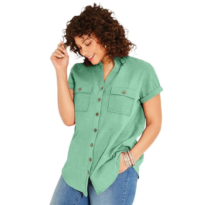 ロアマンズ レディース トップス Tシャツ プラスサイズ Roamans Womens Plusize Seersucker Shirt Soft Jade