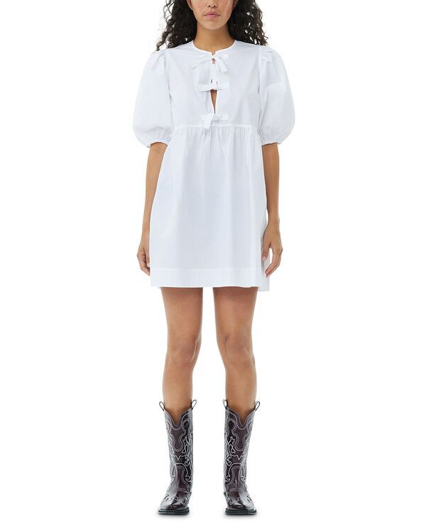 GANNI ガニー パフスリーブ ミニワンピース リボン 36 ホワイト ガニー レディース トップス ワンピース ミニ コットン GANNI White