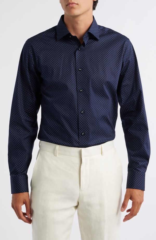 ロレンゾウオモ メンズ トップス シャツ コットン Lorenzo Uomo Trim Fit Neat Stretch Cotton Dresshirt Navy ネイビー