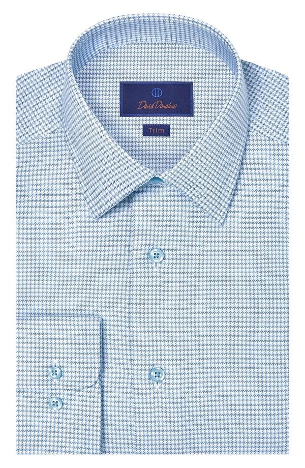 デイビッドドナヒュー メンズ トップス シャツ コットン Davidonahue Trim Fit Light Blue Microcheck Cotton Dobby Dresshirt White