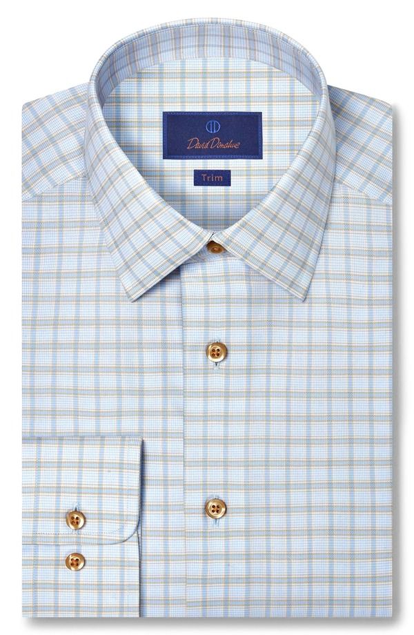デイビッドドナヒュー メンズ トップス シャツ コットン Davidonahue Trim Fit Dobby Check Cotton Dresshirt Sky Dune チェック