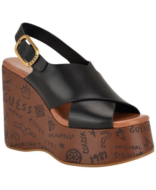 ゲス レディース シューズ サンダル プラットフォーム ロゴ GUESS Womens YariselogoEmbossed High Platform Wedge Sandals Black ブラッ