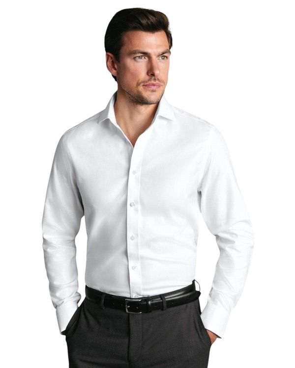 チャールズティリット メンズ トップス シャツ スリムフィット Charles Tyrwhitt Noniron Classicollar Slim Fit Herringbone Shirt Whi