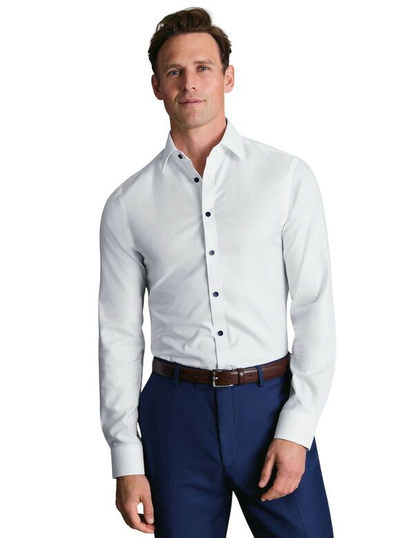 チャールズティリット メンズ トップス シャツ コントラスト Charles Tyrwhitt NonIron Twill with contrast blue buttonshirt White ホ