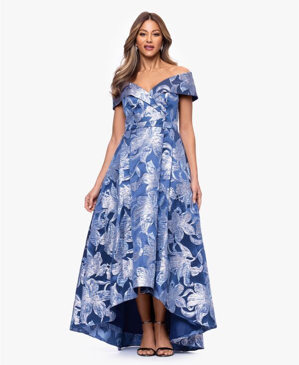 エスケープ レディース トップス ワンピース Vネック XSCAPE Womens OffTheShoulder VNeck Gown Blue Silver ブルー