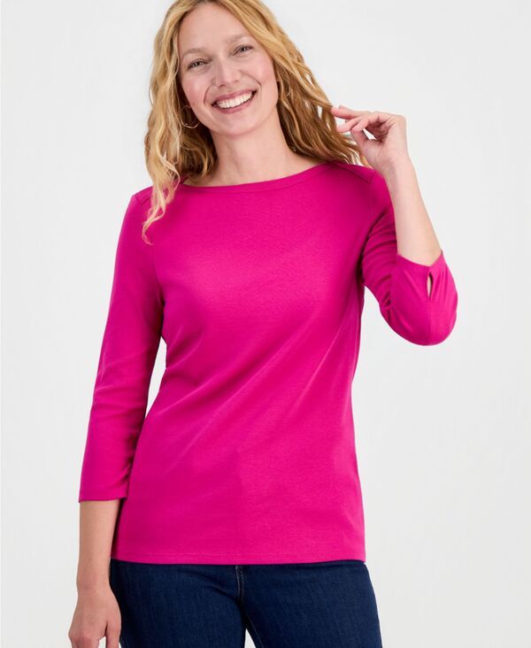 スタイルアンドコー レディース トップス シャツ コットン Style Co Womens Pima Cotton 34Sleeve BoatNeck Top Wild Berry Pink ピンク