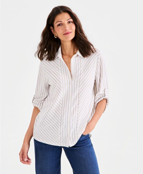 スタイルアンドコー レディース トップス シャツ ニット Style Co Womenstriped Knit ButtonFront Shirt Stonewall ストライプ