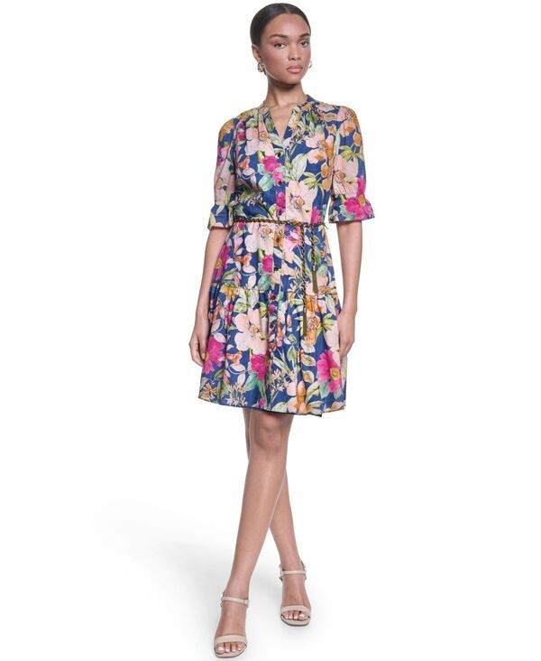 カール ラガーフェルド レディース トップス ワンピース コットン KARLAGERFELD PARIS Womens Belted Colla red Cotton Dress CurrantLig