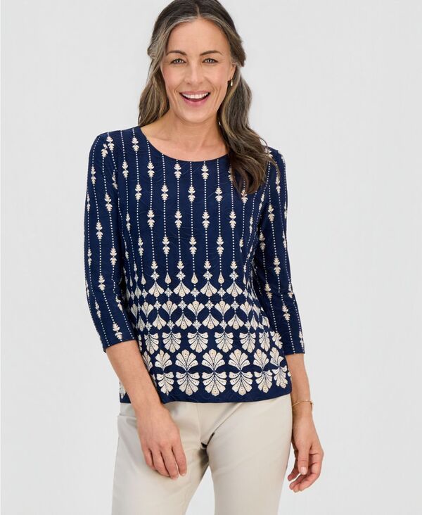 ジェイエムコレクション レディース トップス シャツ プリント JM Collection Womens Printed 34 Sleeve ScoopNeck Jacquard Top Intrep