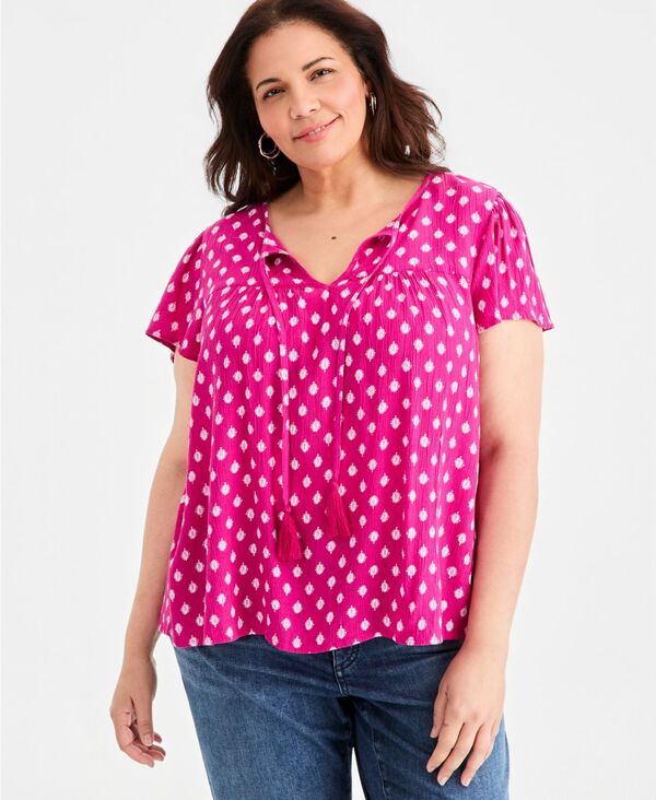 スタイルアンドコー レディース トップス シャツ プリント ブラウス Style Co Womens Printed SplitNeck FlutterSleeve Blouse Wild Berry