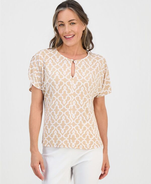 ジェイエムコレクション レディース トップス シャツ プリント ニット JM Collection Womenshort Dolman Sleeve Printed Keyhole Knitop Co